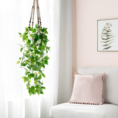 Mkono Fake Hanging Plant, Macrame Hanger with Pothos Vines & Pot, Brown - color: Brown