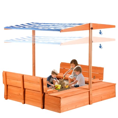 Kids Sandbox with Lid and Canopy, 47" Wooden Sand Box for Kids Ages 3-8