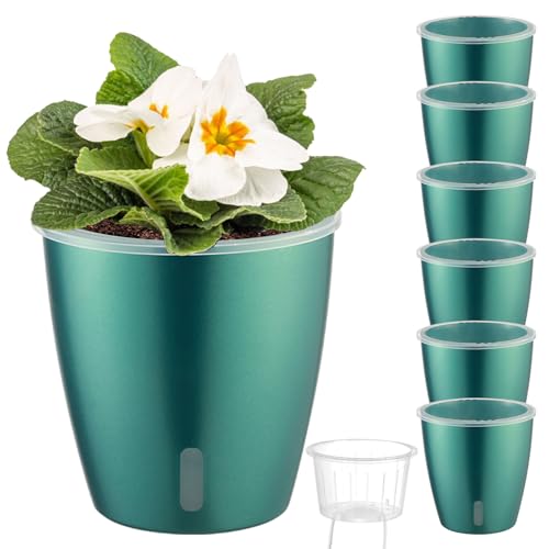 Self Watering Pots for Indoor Plants, 6-Pack 5'' Self Watering Planter with Drainage Holes, Small African Violet Pots with Water Indicator, Clear Wick Orchid Pot, Blue Gold - color: Blue Gold/6 Pack, size: 5"