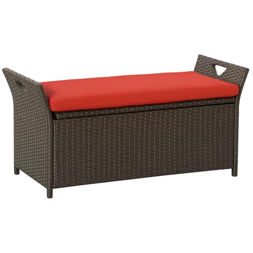 Outsunny 29 Gallon Patio Wicker Storage Bench Outdoor PE Rattan Red - color: Red