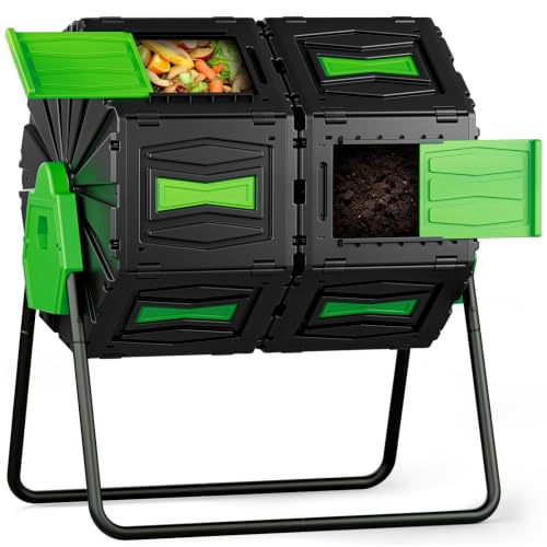 Compost Tumbler, Easy Assemble & Efficient Outdoor Compost Bin, 45 Gallon/170 Liter Large Dual Chamber Rotating Composter for Garden, Kitchen, and Yard Waste, Green Door - color: Green