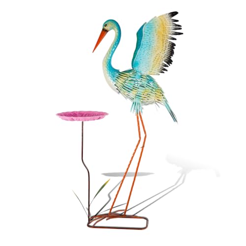 39" Large Heron Garden Statue,Crane Outdoor Statues with Leaf Tray - color: 39 Inch Green+pink With Leaf Tray