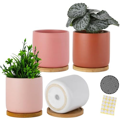 4" Ceramic Plant Pots with Drainage Holes & Trays Multicolor Set of 4 - color: Multi-colors