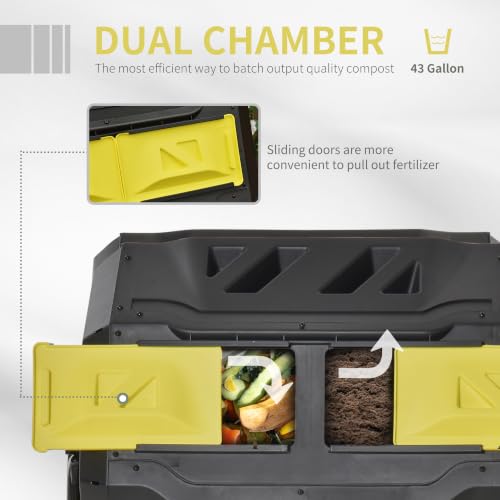 Outsunny Tumbling Compost Bin 360° Dual Chamber 43 Gallon, Yellow - color: Yellow