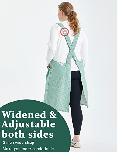 Big Plus Size Aprons for Women with Pockets Cotton Linen Baking Kitchen Cooking - color: Daisy