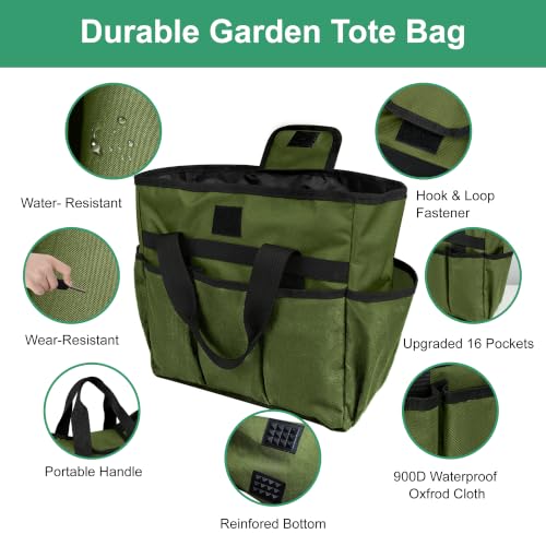 Portable Gardening Tool Tote Bag Organizer with 16 Pockets & Handle - color: Army Green
