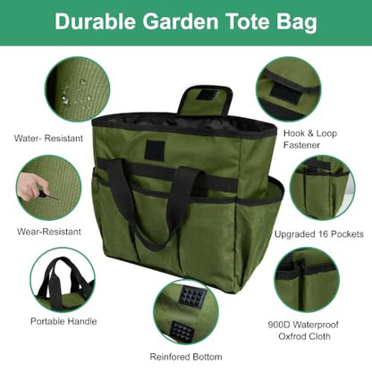 Portable Gardening Tool Tote Bag Organizer with 16 Pockets & Handle - color: Army Green