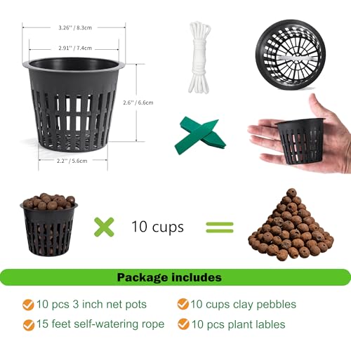 ORIMERC 10 Pack 3 inch Hydroponic Net Pots with Self Watering Wick, Clay Pebbles, Plant Labels Mesh Baskets for Indoor Garden, Aquaponics, Orchids, Herbs, Vegetable, Seed Starting, Mason Jar Insert - size: 3 inch-10 Pack