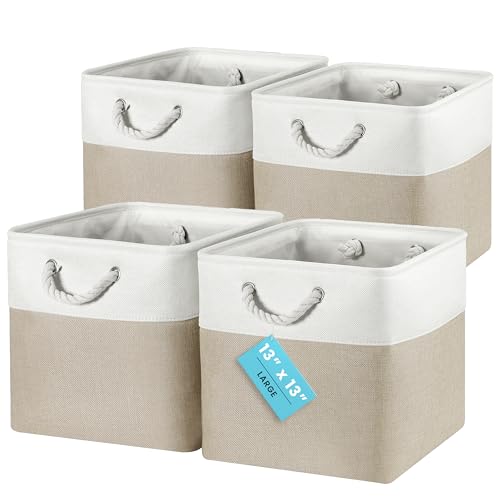 OrganiHaus 13x13 Cube Storage Bins, 4-Pack Fabric Cubes, Rope Handles - color: Beige Base / Off-White, size: 4 pcs (13x13)