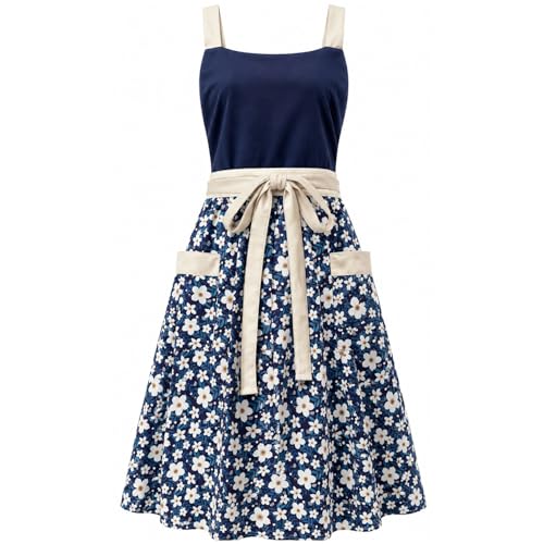 Pinafore Apron Dress for Women with Pockets Adjustable Floral Kitchen Apron - color: Navy