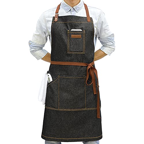 Black Kitchen Apron with Pockets & Towel Loop for Men Women, Denim - color: Black Denim 9#