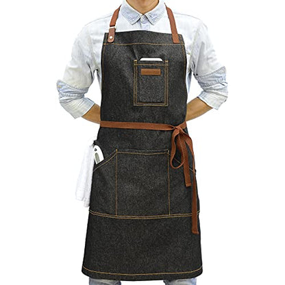 Black Kitchen Apron with Pockets & Towel Loop for Men Women, Denim - color: Black Denim 9#