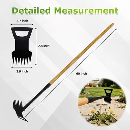 60" Wood Handle Weed Puller Tool, 7-Tine Garden Hoe, Secure Fit, No Bending