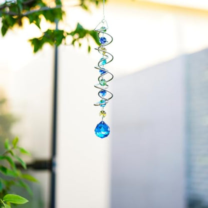20.5in Sea Blue Crystal Gazing Ball Spiral Wind Spinner Suncatcher - color: Silver With Blue Ball Drop Prism
