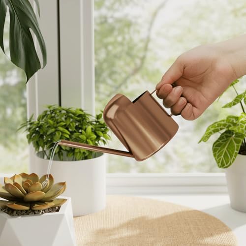 Bamworld Small Watering Can Indoor Outdoor Plant Metal Stainless Steel Long Spoutt Flowers Watering Cans for House Garden Plants 10OZ Watering Bottle Cute Decorative for Bonsai(Bronze) - color: Cobre