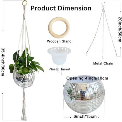 Disco Ball Hanging Plant Pots, Boho Silver Mirror Disco Planter with Chain Hook and Macrame Rope for Indoor Outdoor Decor and Wooden Stand for Desk,Self Watering Insert Pots