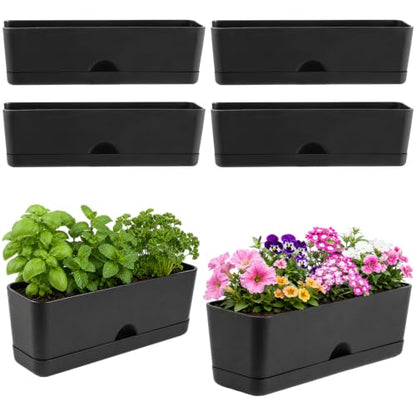 6 Pack Rectangle Planter 16x4.4 Inch Window Boxes Planters Rectangular Window Sill Planters Indoor Self Watering Plant Pots with Drainage Holes and Saucers Succulent Herb Flower Pots, Black - color: Black