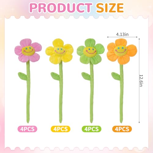 16 Pack Pastel Plush Flowers with Bendable Stems, Stuffed Sunflower Bouquet Toy with Smiley Face, 12 Inch Soft Artificial Flower for Curtain Tiebacks, Nursery Room Decor