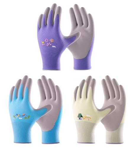 JDL 3 Pairs Little Kids Gardening Gloves for Ages 5–8, Rubber-Coated Nylon Garden Work Gloves with Grip, Multicolor, Children’s Size Medium - size: XXS (Ages 5-8)