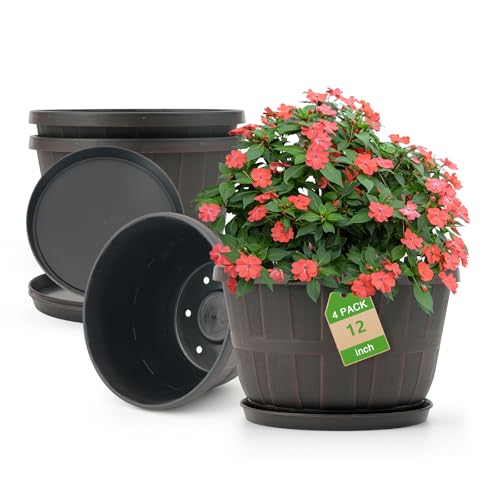 Quarut 12 Inch 4 Pack Large Planters Pot for Plants Indoor Outdoor - color: Brown, size: 12 inch-4 pack