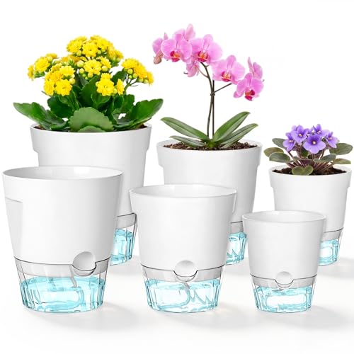 Hayder 5/6/7 Inch Self Watering Pots for Indoor Outdoor Plants 6 Pack - color: White