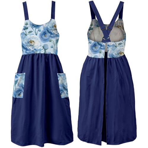 Cotton Linen Apron Cross Back Apron for Women with Pockets Pinafore Dress - color: Flora Navy Blue