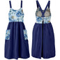 Cotton Linen Apron Cross Back Apron for Women with Pockets Pinafore Dress - color: Flora Navy Blue