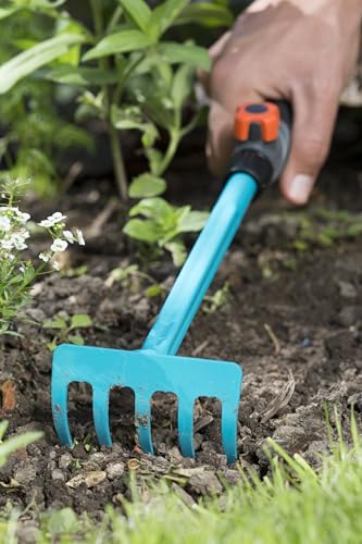 Gardena combisystem Flower Rake: Five-tined Hand rake for Raking and loosening Soil in beds and Flower Boxes, 8.5 cm Working Width, Ergonomic Handle, Corrosion Protection (8925-20) - style: Flower Rake