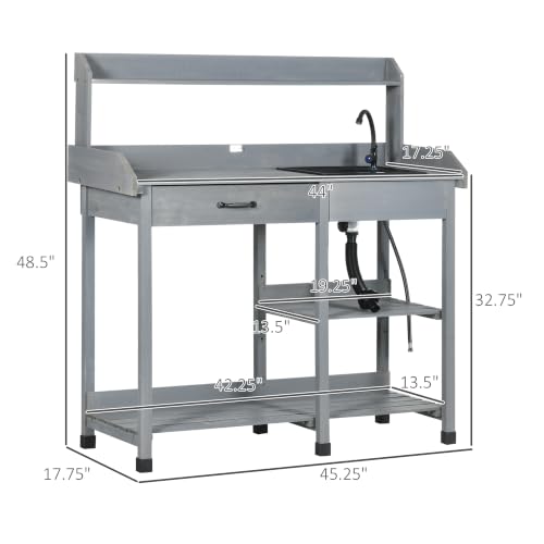 Outsunny Potting Bench Table with Removable Sink, Faucet, Gray