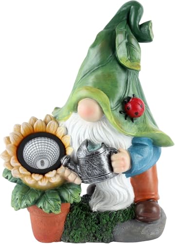 GoGnome Solar-Powered Large Garden Gnome Watering Can Sunflower - 12 in Garden Decor Gnomes Decorations for Yard Lawn Ornaments Outside Statue Figurine LED Lights (Gnome) - style: Gnome