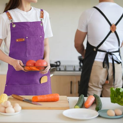 Aoomzoon Canvas Aprons for Men Women, Heavy Duty BBQ Apron with Pockets - color: Purple