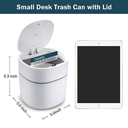 Mini Desk Trash Can with Pop-Up Lid Includes 180 Bags 0.5 Gallon, White - color: White