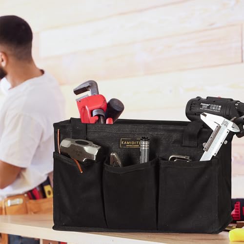 Tool Pouch, Heavy Duty 16oz Waxed Canvas Tool Bag, Rectangle Foldable Open Top Tool Bags with Handles, 7 Pockets | 13.5 x 7.8 x 7.8 Inches - color: Black, size: 13.5 Inch
