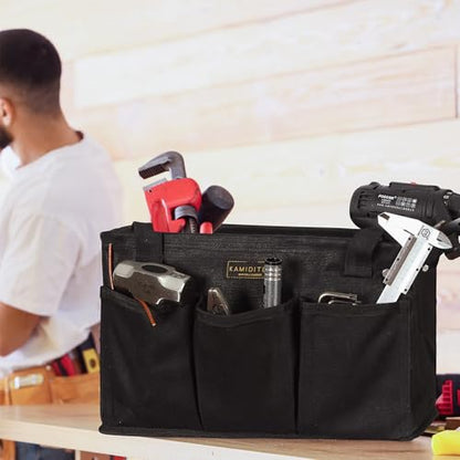Tool Pouch, Heavy Duty 16oz Waxed Canvas Tool Bag, Rectangle Foldable Open Top Tool Bags with Handles, 7 Pockets | 13.5 x 7.8 x 7.8 Inches - color: Black, size: 13.5 Inch