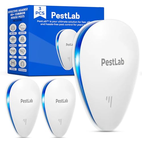 PestLab Ultrasonic Pest Repeller – Indoor Plug In Bug Repellent for Mice, Rodents, Rats, Roaches, Ants, Spiders, Mosquitoes & Bed Bugs – Electronic Pest Control Device with 300 Sq Ft Coverage – 3 Pack - size: 3 Pack