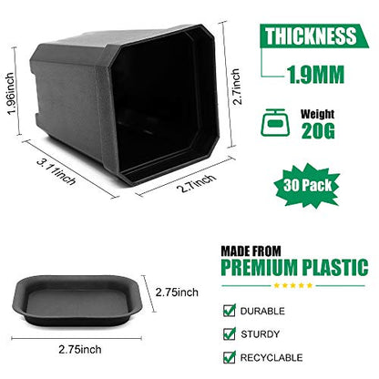 30Pcs 3" Nursery Pot with 30 Saucers Black, Square Plastic Plants Pots - color: Black