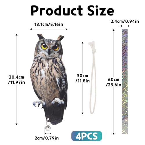 4Pack Reflective Fake Owls Hanging Decoration Garden Owls Scarer Devices with Reflective Tape to Keep Pigeon from Windows Tree - color: Amazed Eagle 4pcs
