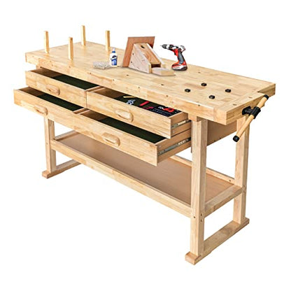 Olympia Tools 64.5" Rubber Hardwood Workbench w/ 4 Drawers & Clamp - size: 60 Inch Workbench