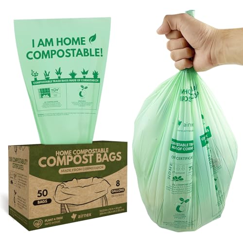 AIRNEX Compostable Kitchen Trash Bags 8 Gal - Cornstrarch Leakproof & Tear Resistant 50 Compost Bags - OK Compost Home & Seedling Certified 0.22 mm Kitchen Garbage Bags - style: 8 Gal, 50 Pack