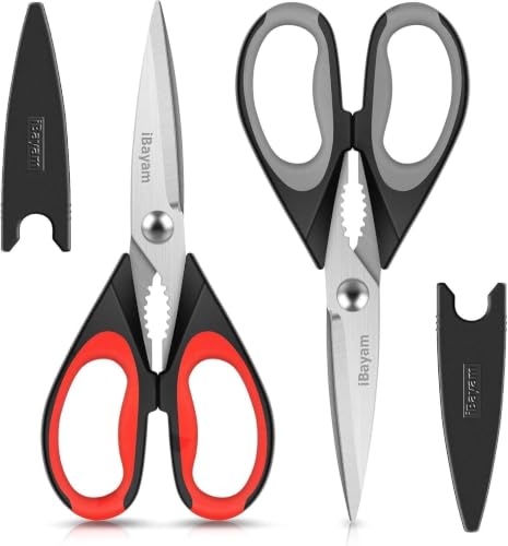 iBayam Kitchen Scissors Shears All Purpose Heavy Duty, Protective Sheath - color: Black Red, Black Gray, size: 8.7-inch 2-Pack