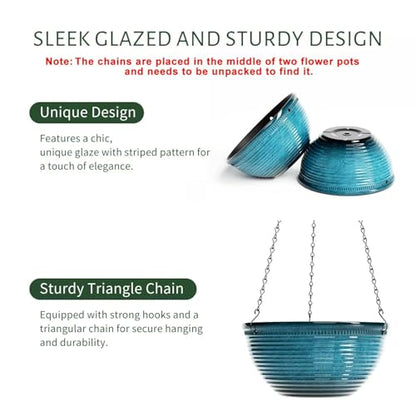 10 Inch Hanging Planters, Glazed Hanging Basket with Drainage Holes, 2 Pack - color: Blue, size: 10inch