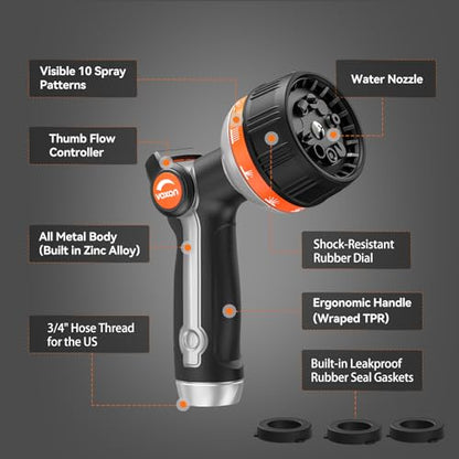 VOXON Garden Hose Nozzle with 10 Spray Patterns and Thumb Flow Control