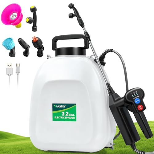 Battery Powered Sprayer 3.2 Gallon, Backpack Sprayer with 3 Adjustable Forces, Battery Indicator, 5 Mist Nozzles, 41" Retractable Wand, USB Rechargeable Garden Sprayer for Weed Lawn Yard - color: White, size: 3.2 Gallon