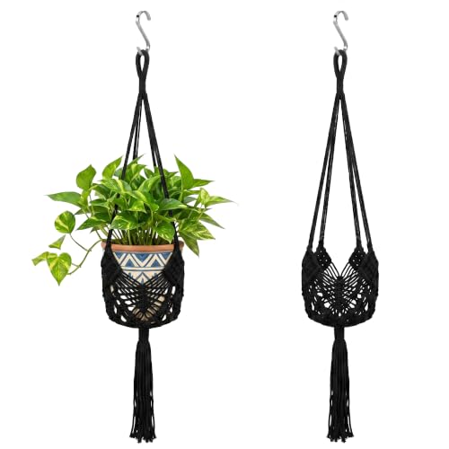Boho Macrame Plant Hanger with Hooks, Rope Hanging Baskets for Plants - color: Black 2pack Pots Not Included