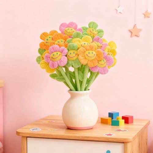 16 Pack Pastel Plush Flowers with Bendable Stems, Stuffed Sunflower Bouquet Toy with Smiley Face, 12 Inch Soft Artificial Flower for Curtain Tiebacks, Nursery Room Decor
