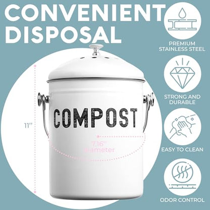 Epica Kitchen Compost Bin for Kitchen Countertops, 1.3 Galllon - White - color: White