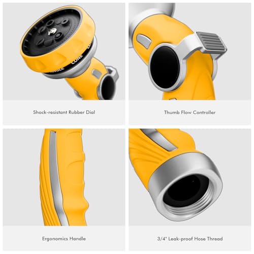 RESTMO Hose Nozzle Heavy Duty, Metal Water Hose Sprayer for Garden - color: Yellow, size: 9 Watering Patterns