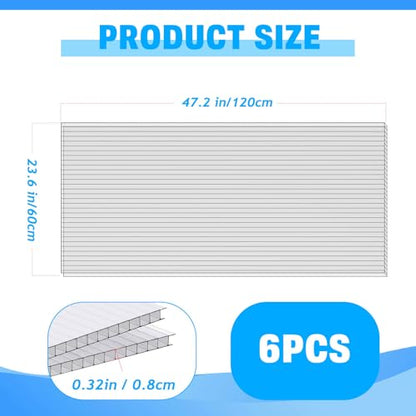 6 Pack Polycarbonate Greenhouse Panels, 4' x 2' x 0.32" Twin-Wall Panels - size: 6 PCS 4' x 2' x 0.32"