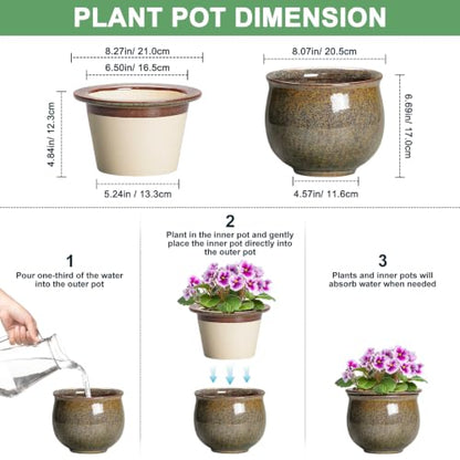 Ceramic Self Watering Pots, 8 Inch Ceramic Planter, Yellowish Brown - color: Yellowish Brown, size: 8 Inch