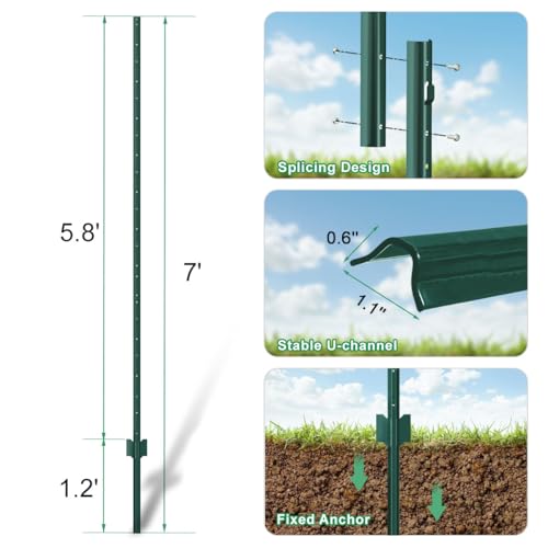 Green Metal Fence Post, Splicing 7 feet, T Post for Garden Fence, 8-Pack - color: Green, size: 7 FT- 8PACK-GREEN SPLICING